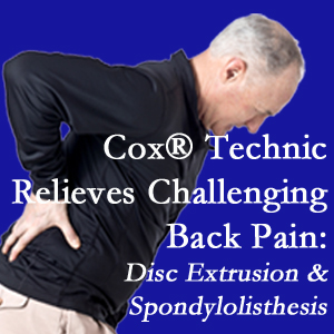 Williamson chiropractic care with Cox Technic alleviates back pain due to a painful combination of a disc extrusion and a spondylolytic spondylolisthesis.